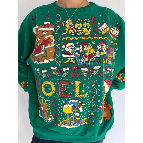 80s vintage green christmas teddy bear graphic ugly holiday pullover sweater - Picture 8 of 9